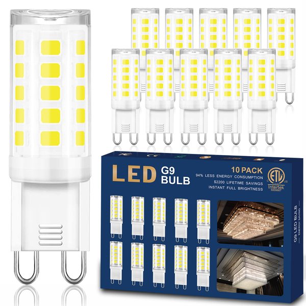 winshine 10 Pack G9 LED Bulb Bi Pin Base, 6000K Daylight 4W (40W Halogen Equivalent) T4 G9 Base Llight Bulbs for Chandeliers, 360° Beam Angle, 400LM, Non-dimmable for Home Lighting