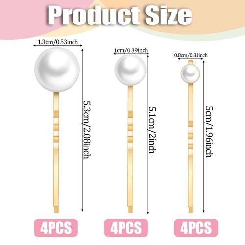 12 Pcs Pearl Bobby Pins for Hair Gold Pearl Hair Pins Wedding Pearl Hair Pins Pearl Hair Accessories for Brides Bridesmaid Women Girls Decorative Hair Pins(3 Sizes)