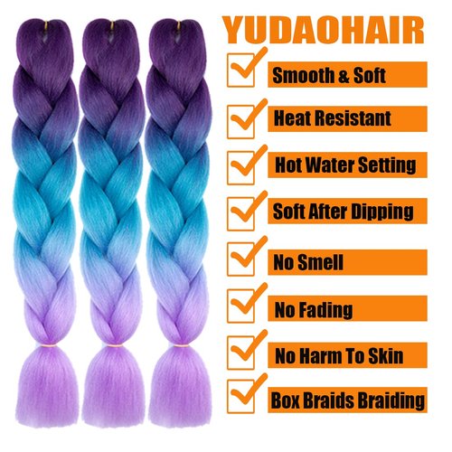 YUDAOHAIR Braiding Hair Extensions for Women High Temperature Synthetic Ombre Jumbo Braids Hair for Twist Crochet Braiding Hair (24 Inch, blue-light blue-yellow green-pink-peach red)