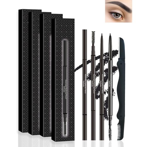 LYSdefeu Eyebrow Pencil - 4 Pcs Professional Micro Brow Pencil Kit with Brow Razor, Longwear Waterproof Eyebrow Makeup with Dual Ends, Ultra-Fine Mechanical Pencil for Women Eye Makeup – 01 Black