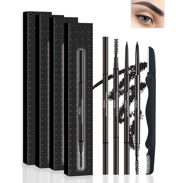 LYSdefeu Eyebrow Pencil - 4 Pcs Professional Micro Brow Pencil Kit with Brow Razor, Longwear Waterproof Eyebrow Makeup with Dual Ends, Ultra-Fine Mechanical Pencil for Women Eye Makeup – 01 Black