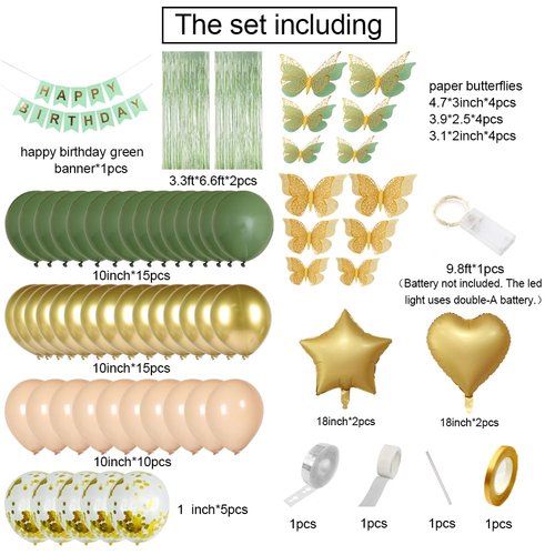 MSMANCY Sage Green Birthday Decorations for Women Men 65pcs with HAPPY BIRTHDAY Banner Curtains Butterfly Heart Star LED light and Balloons for Birthday Party Supplies (Green)