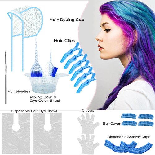 19PCS Hair Dye Coloring Kit, Professional Hair Coloring Dyeing Kit, Hair Coloring Highlight Cap Brush and Bowl Set, Mixing Bowl, Hair Dyeing Cap, Hair Needles, Dye Color Brush, Hair Clips (Blue-19)