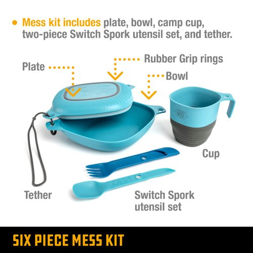 UCO 6-Piece Camping, Backpacking, Outdoor Kitchen Gear Mess Kit with Bowl, Plate, Camp Cup, and Switch Spork Utensil Set