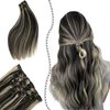 Real Hair Clip in Extensions, OiMiGO Blonde Highlighted Clip in Human Hair Extensions Honey Blonde Highlights Black Hair Extensions 7 Pieces 18 Inch 70g Invisible Clips Straight Clip on Extension