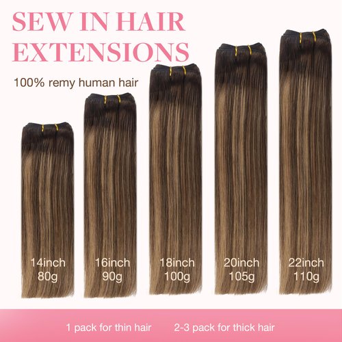 GOO GOO Sew in Hair Extensions Real Human Hair, Weft Hair Extensions Human Hair, 4/27/4 Balayage Chocolate Brown to Caramel Blonde 22 Inch-110g, Weft Bundles Straight Silky Remy Hair