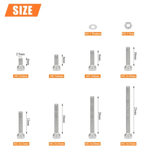 HELIFOUNER 420 Pieces M2.5 x 4mm /6mm /8mm /10mm /12mm /16mm /20mm /25mm, Hex Socket Head Cap Bolts Screws Washers Nuts Kit, 304 Stainless Steel