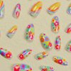 Medium Almond Press on Nails Pink Fake Nails French Tips False Nails with Rainbow Colorful Swirls Flower Pattern Designs Summer Acrylic Stick on Nails Artificial Glue on Nails for Women & Girls 24 Pcs