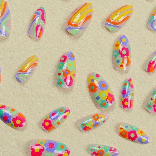 Medium Almond Press on Nails Pink Fake Nails French Tips False Nails with Rainbow Colorful Swirls Flower Pattern Designs Summer Acrylic Stick on Nails Artificial Glue on Nails for Women & Girls 24 Pcs
