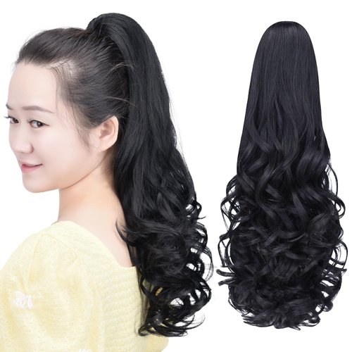 HSPCYGG Black Clip Ponytail Synthetic Fake Pony Tails 22" 5.3 OZ Wavy Black Hair Extensions Hairpieces Wig Yaki Fluffy¬ Tangled
