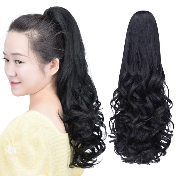 HSPCYGG Black Clip Ponytail Synthetic Fake Pony Tails 22" 5.3 OZ Wavy Black Hair Extensions Hairpieces Wig Yaki Fluffy¬ Tangled
