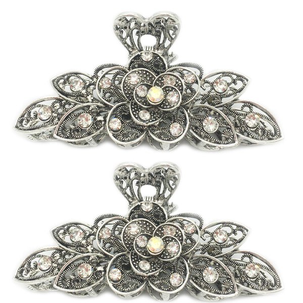 2 Pcs Women Retro Chic Rhinestone Alloy Fancy Hair Claw Jaw Clips Pins -Vintage Flowers Hair Catch Updo Grip Hair Accessories for Thick Hair