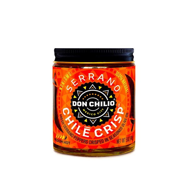 Don Chilio Medium Heat Serrano Mexican Chile Crisp, 5 oz. – Crunchy Sliced Serrano Fried Chili Peppers in Hot Seasoned 100% Olive Oil – Keto-Friendly, Vegan, Gluten Free