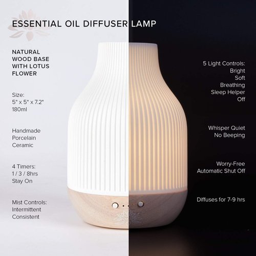 Essential Oil Diffuser Lamp, White Ceramic + Wood, Ultrasonic 180ml, Whispersoft, 4 Timers + 5 Light Settings, Auto Shut Off, Home + Office, Humidifier Air Purifier Aromatherapy
