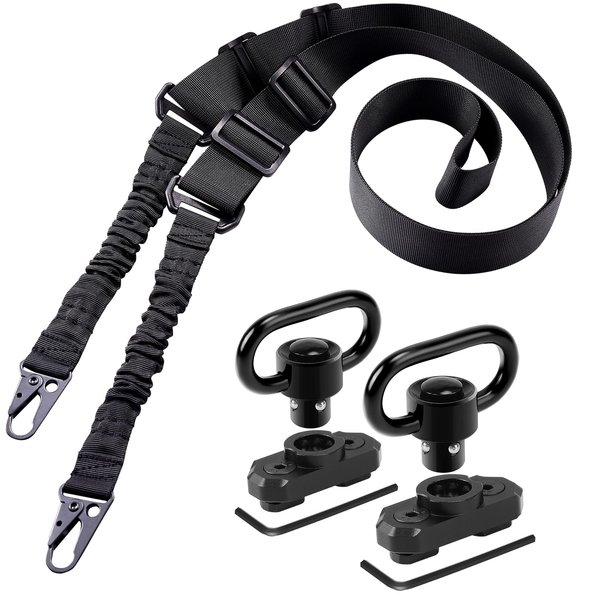 REERON Two Point Traditional Sling with Mounts - Adjustable Extra Long Two Point Traditional Sling with 2 Pack 1.25" QD Sling Rail Mounts for M Lock (Black Sling + 2 Pack Swivel Mounts)