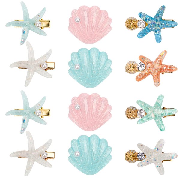 12 Pieces Shell Pearl Starfish Hair Clip Set, Catcan Seashell Hair Clips Starfish Alligator Hair Clips for Women Headwear Styling Tools Hair Accessories (classic style)