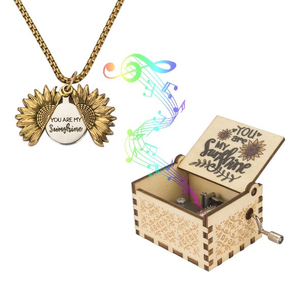 You are My Sunshine Music Boxes with Sunflower Necklace, Wooden Hand Cranked Musical Box and Engraved Message Locket Pendant Sunshine Gift for Wife, Daughter, Girlfriend, Mother，Christmas Gift