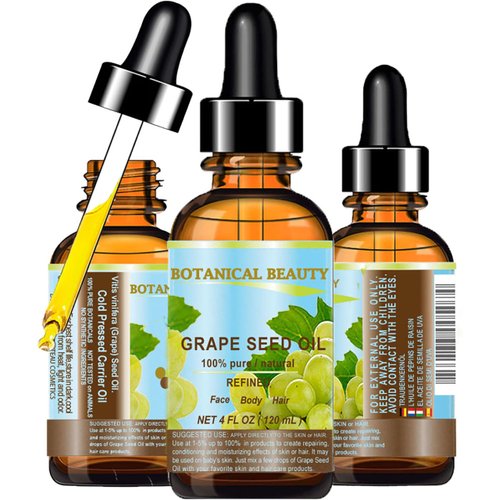 Botanical Beauty GRAPE SEED OIL 100% Pure Natural Undiluted Refined Cold Pressed Carrier Oil for Face, Skin, Body, Hair, Massage, Lip, Nails. 4 Fl. oz-120 ml.