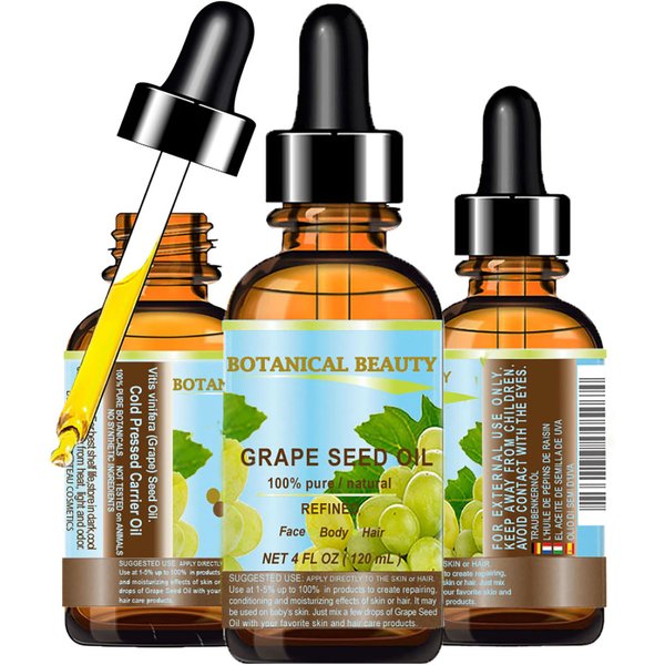 Botanical Beauty GRAPE SEED OIL 100% Pure Natural Undiluted Refined Cold Pressed Carrier Oil for Face, Skin, Body, Hair, Massage, Lip, Nails. 4 Fl. oz-120 ml.