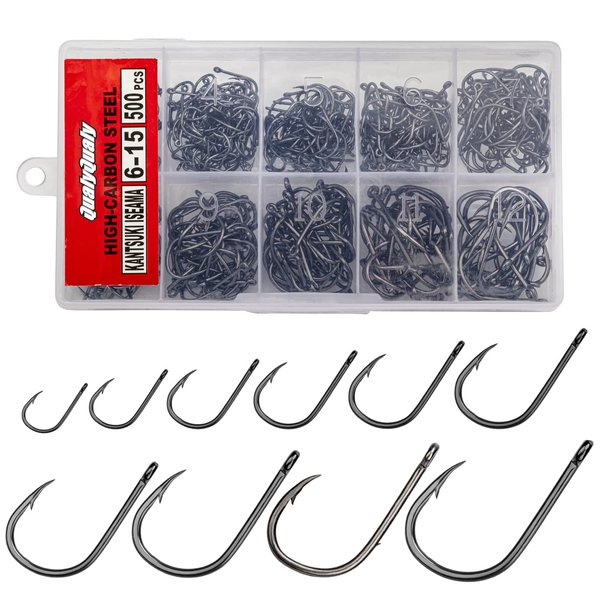 QualyQualy 500-1000pcs Carbon Steel Fishing Hooks W/Portable Plastic Box, Assorted Small Fishing Hooks Set for Freshwater/Seawater
