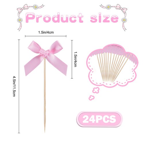24Pcs Pink Bow Cupcake Toppers, Pink Bow Birthday Cake Toppers for Birthday Party Decorations Supplies