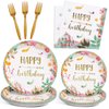 DECORLIFE Birthday Plates and Napkins Serves 24, Boho Birthday Party Supplies, Floral Plates, Forks Included for Women, Girls, Total 96 PCS