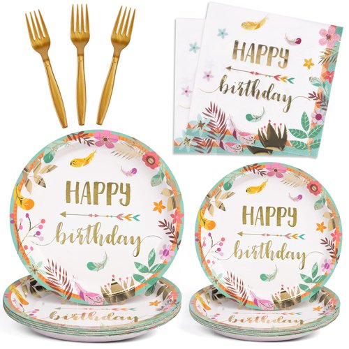 DECORLIFE Birthday Plates and Napkins Serves 24, Boho Birthday Party Supplies, Floral Plates, Forks Included for Women, Girls, Total 96 PCS