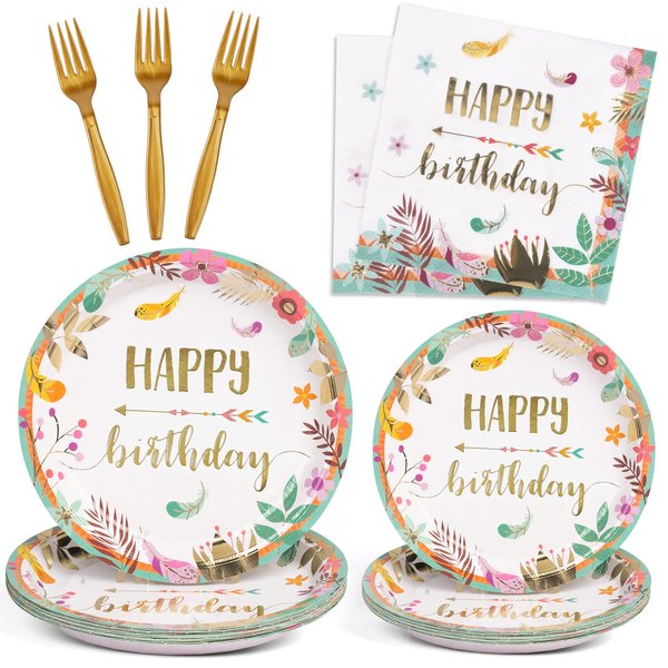 DECORLIFE Birthday Plates and Napkins Serves 24, Boho Birthday Party Supplies, Floral Plates, Forks Included for Women, Girls, Total 96 PCS