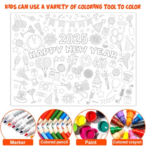 3Pcs Happy New Year Giant Coloring Posters Versatile Paper Coloring Banner New Year Eve Activities Crafts Decorations Jumbo Tablecloth Table Cover for Kids Home Classroom Party Supplies 43.3 x 31.5In