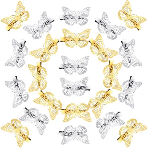 24 Pieces Butterfly Hair Clips Metal Butterfly Hair Clamps Metallic Hollow Butterfly Hairpins Cute Hair Clips for Women Girls with Left and Right Styles (Gold and Silvery)