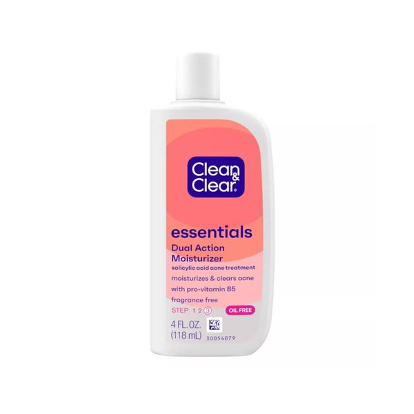 Clean & Clear Essentials Dual Action Facial Moisturizer with Salicylic Acid Acne Medication to Treat Acne and Prevent Pimples, Oil Free Face Moisturizer Cream for Acne-Prone Skin, 4 oz