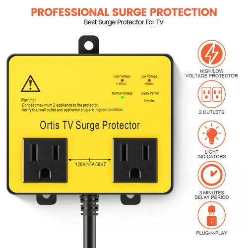 TV Surge Protector, Ortis Double Outlet Voltage Protector for Home Appliances Washer Refrigerator with Time Delay, Protects Against Brownout, Spike, Instant Surge All Voltage Abnormalities
