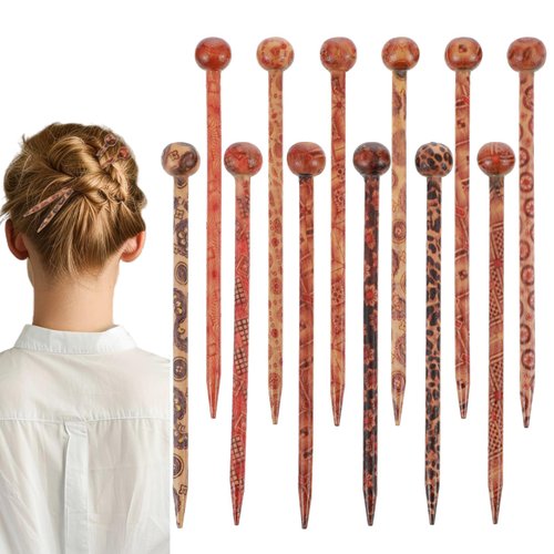 12Pcs Wooden Hair Sticks, Boho Vintage Wood Hair Sticks Japanese Chinese Hairpin Retro Hair Chopsticks Decorative Hanfu Pins Bun Holders for Long Hair Women Girls Handmade Hair Accessories, 13cm/5.12"