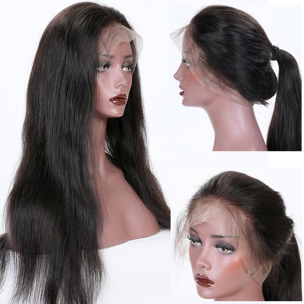 KUN 360 Lace Wigs Natural Straight Brazilian Virgin Human Hair Wigs with Pre Plucked Natural Hairline, Slightly Bleached Knots 150% Density Wigs with Baby Hair for Women Natural Color 16 Inches