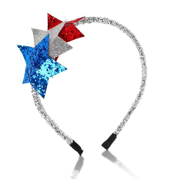 Jacnkb 4th of July Stars Headband for Women Girls Glittery Red Blue Silver Star Hairband Glitter Hair Hoop Patriotic Hairband for Independence Day National Memorial Day Decoration