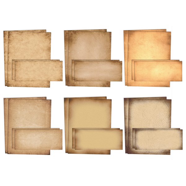 Better Office Products Aged Paper Stationery, 100 Piece Set (50 Sheets + 50 Matching Envelopes), Vintage Antique Old Fashion Parchment Paper, Letter Size 8.5 x 11", 6 Designs, Double Sided Paper,