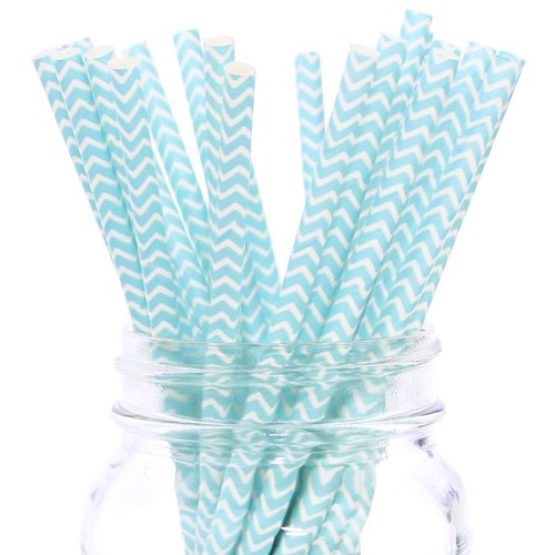 CleverDelights Baby Blue Chevron Paper Straws - 100 Pack - Ecofriendly Biodegradable Drinking Straws