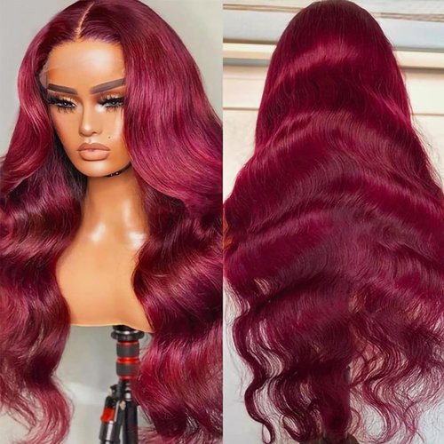 99j Burgundy Lace Front Wigs Human Hair Body Wave 13x4 HD Glueless lace Frontal Wigs Human Hair Pre Plucked hair Bleached Knots 180% Density wigs for women Wine Red Colored Brazilian virgin 24inch