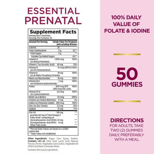 Nature's Bounty Essential Prenatal Gummies, Folic Acid and Iodine, Omega 3 and DHA, 50 Count