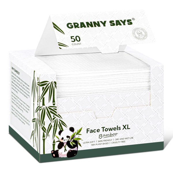 GRANNY SAYS Bamboo Disposable Face Towel, Face Towelettes Disposable, 10"×12" Thick Soft Face Towels, Disposable Towels for Remove Makeup, Facial Cleansing, Nursing, Travel, 50 Count/1 Pack