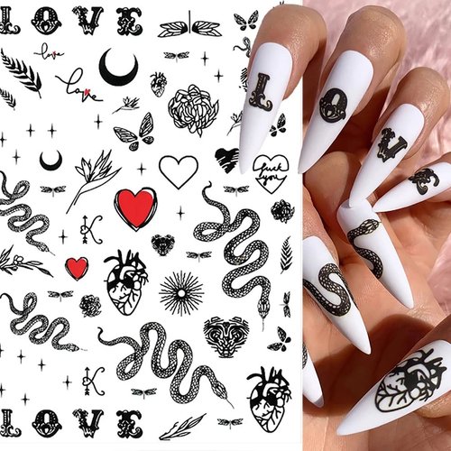 Snake Nail Art Stickers Decals Nail Art Supplies 3D Self Adhesive Nail Stickers Dark Skull Heart Cupid Angel Lips Ghost Nail Decals for Acrylic Nails Designs Manicure Tips Decoration (6 Sheets)