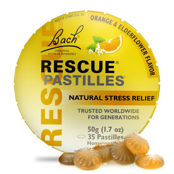 Bach RESCUE PASTILLES, Orange and Elderflower Flavor, Natural Stress Relief Lozenges, Homeopathic Flower Essence, Vegetarian, Gluten & Sugar-Free, Holiday Stocking Stuffer, 35 Count
