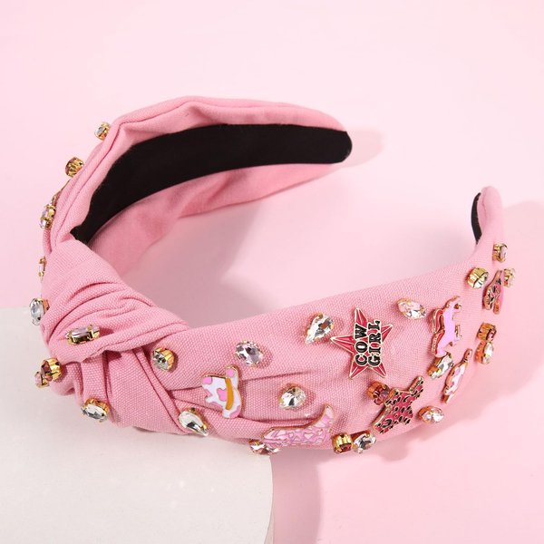 mokkia Western Headbands for Women Jeweled Rhinestone Crystal Knotted Headbands Wide Cowgirl Cowboy Boots Hats Hairbands Cowgirl Hair Accessories Spring Summer Headwear (Pink 3)