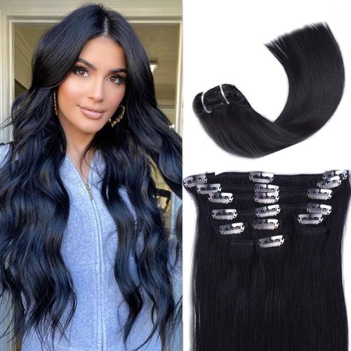 ManeMajesty Clip in Hair Extensions Real Human Hair 100% Human Hair Extensions Clip Ins Straight Curly Wave Clip in Remy Hair Extensions for Women(18 Inch, Jet Black)