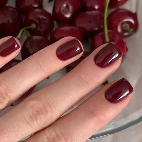 Mkwntg Wine Red Press on Nails Short Square Fake Nails Glossy Solid Color false Nails Reusable Red Acrylic Nails Stick on Nails Summer Full Cover Glue on Nails for Women Girls Nail Decoration 24Pcs