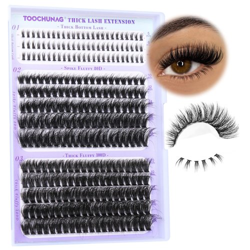 TOOCHUNAG Fluffy Lash Clusters with Bottom Lashes Thick Cluster Eyelash Extensions Wispy Individual Lashes with Lower Eyelash Clusters 10-18mm 80D+100D Clusters Lashes DIY Curly Lash Extension at Home
