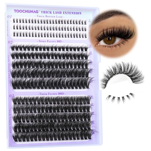 TOOCHUNAG Fluffy Lash Clusters with Bottom Lashes Thick Cluster Eyelash Extensions Wispy Individual Lashes with Lower Eyelash Clusters 10-18mm 80D+100D Clusters Lashes DIY Curly Lash Extension at Home