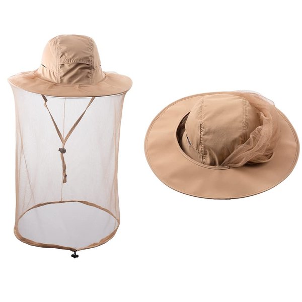Head Netting Mosquito Net Hat Beekeeper Bee Veil Hat Bug Face Cover Netted Fishing Safari Hats Dog Grooming Women Men Khaki