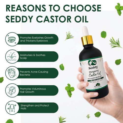 Seddy Organic Castor Oil - 100% Pure - Cold Pressed | Hexane-Free | Premium Grade Oil for Hair Growth, Scalp, Eyelashes, Eyebrows, Skin, & Nails | Glass Bottle- Hair Treatment Oil - 3.4 Fl. Oz