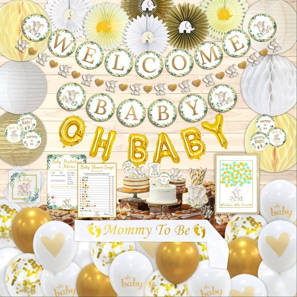 252 PC Elephant Theme Baby Shower Decorations for Boy or Girl Kit -Gender Neutral Welcome Baby Banners Garland Guestbook Sash Balloons Cake Topper Paper Decor Napkins Straws Games & Thank You Stickers